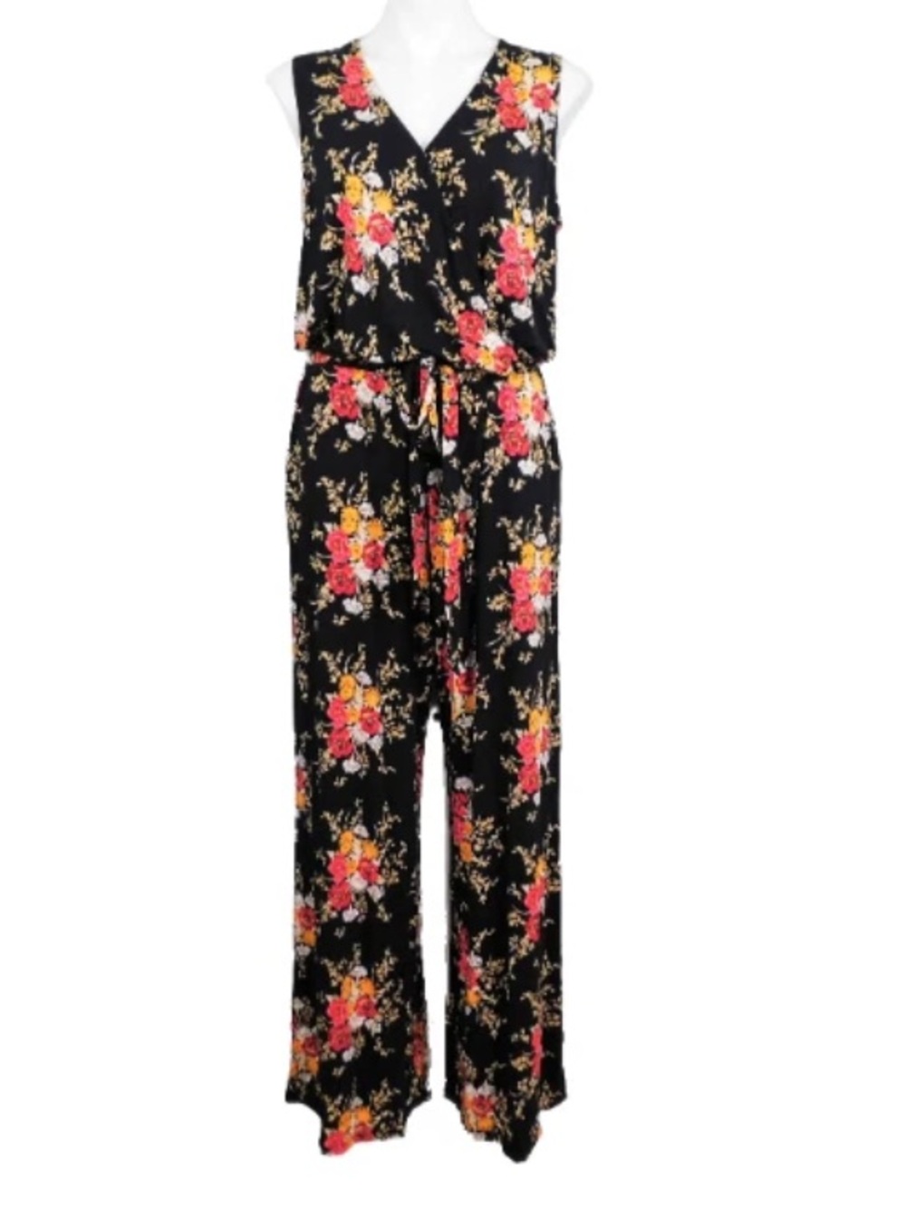 Laurie Felt Black Sleeveless Floral V-Neck Jumpsuit with Pink & Yellow Flowers